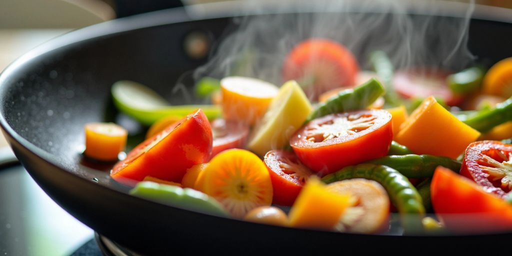 Close-up of non-stick frying pan with sautéed vegetables.