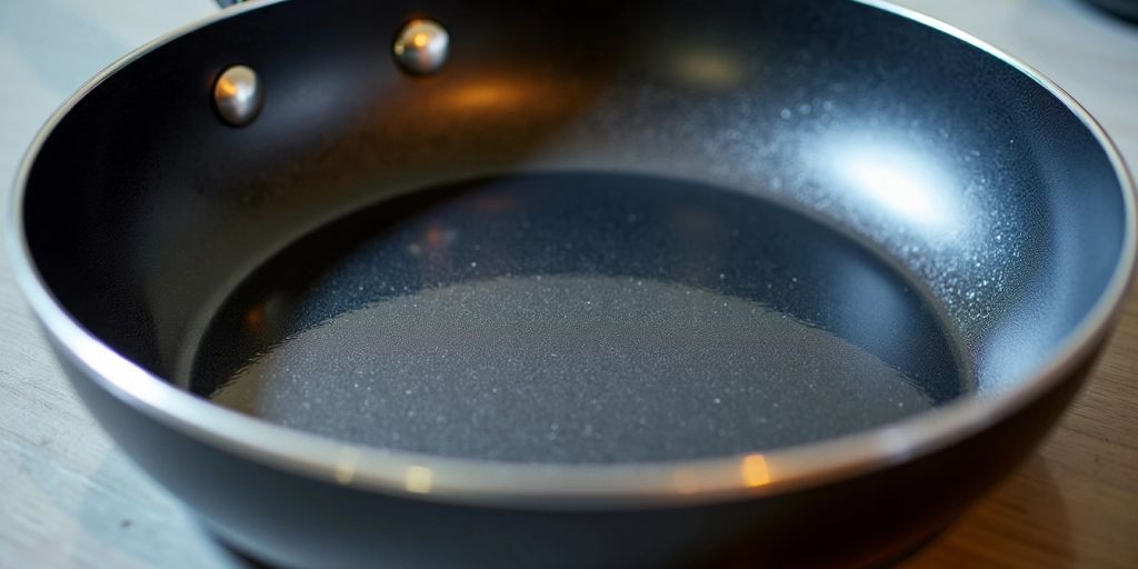 Close-up of a non-stick frying pan surface.