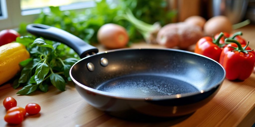 Close-up of a scratch-resistant non-stick frying pan.