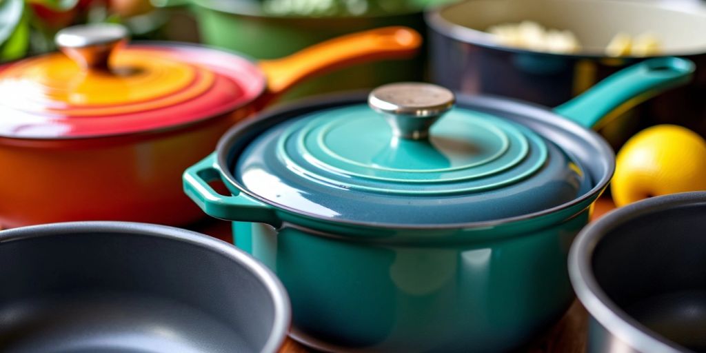 Colorful non-stick cookware displayed on a kitchen countertop.