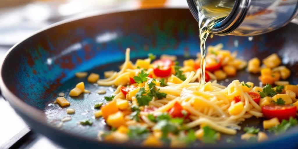 Frying pan with water-based oil non-stick coating.