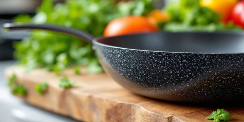 Granite-coated frying pan with fresh vegetables on countertop.