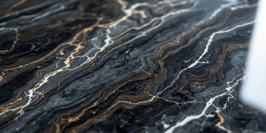 Close-up of a glossy marble-coated surface.