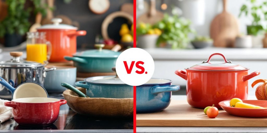 Ceramic and granite cookware displayed in a kitchen setting.