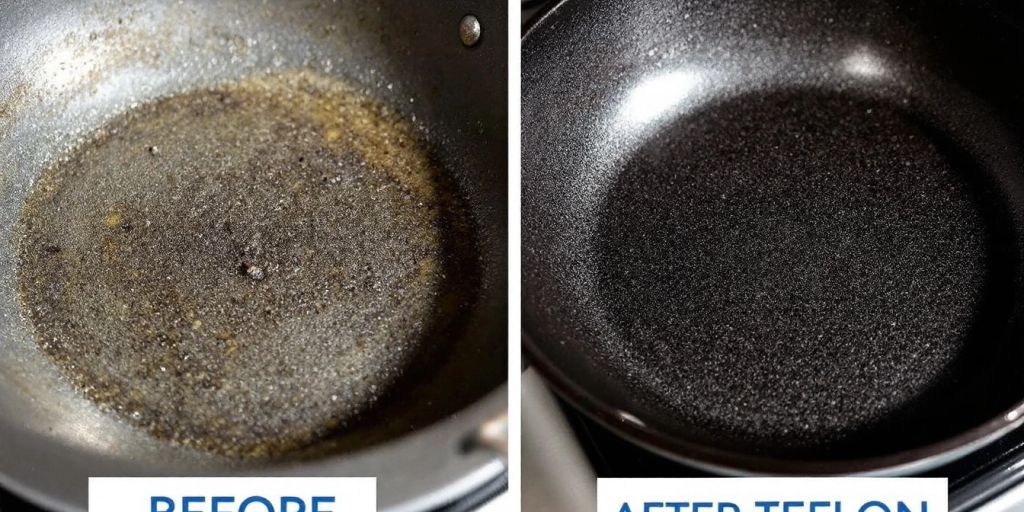 Before and after of a cleaned Teflon pan.