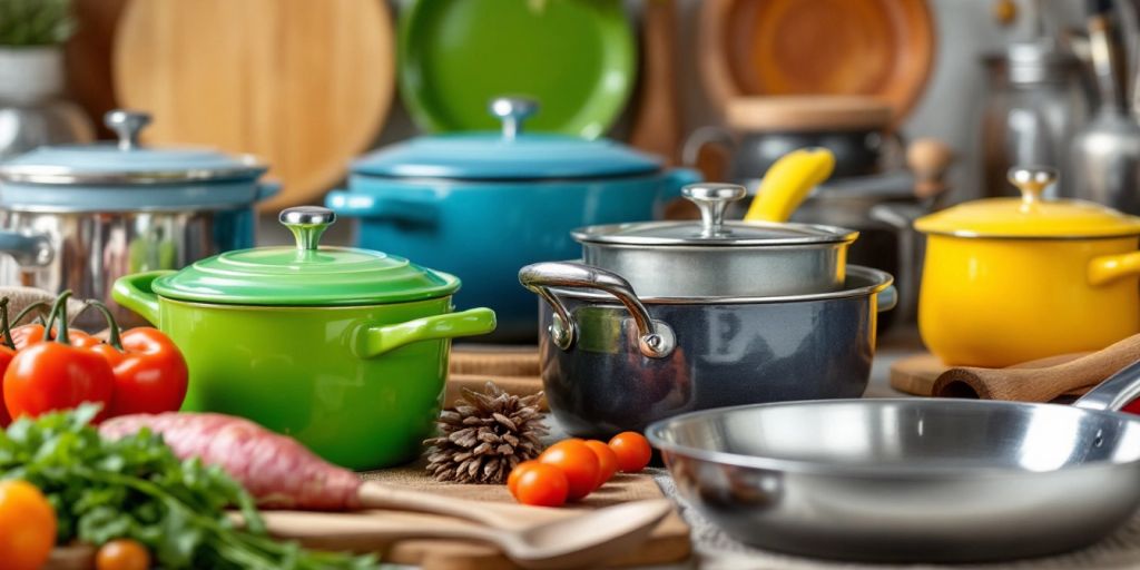 Ceramic and stainless steel cookware on a kitchen counter.