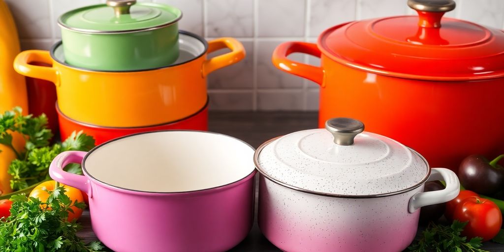 Colorful ceramic and enamel cookware in a kitchen setting.