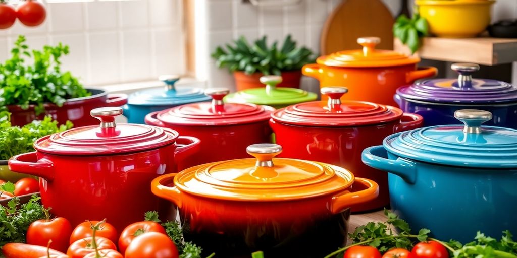 Colorful ceramic pots with fresh vegetables in a kitchen.