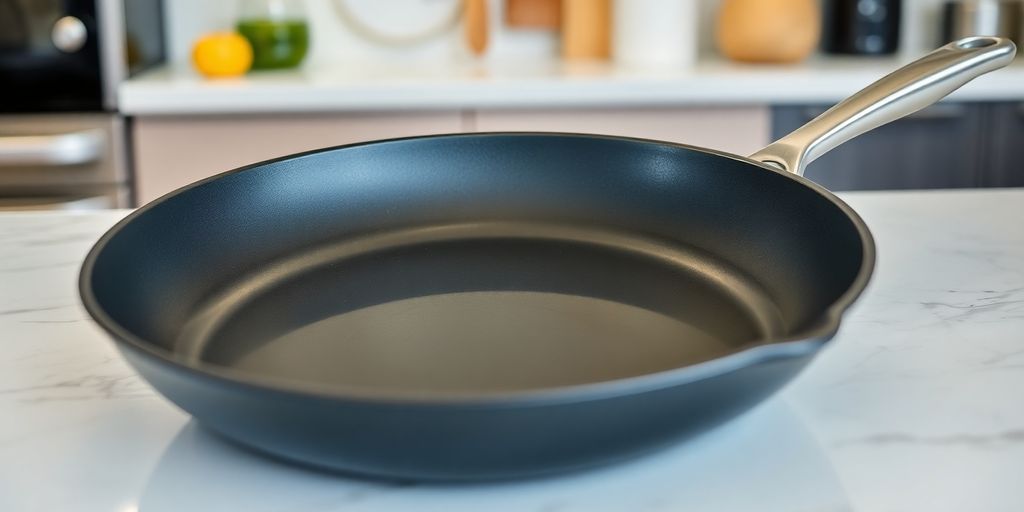 Photograph of a Teflon-coated frying pan on a countertop.