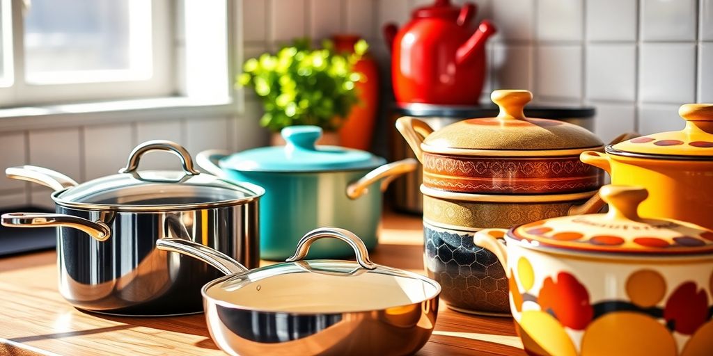 Hard anodized and ceramic cookware displayed in a kitchen.