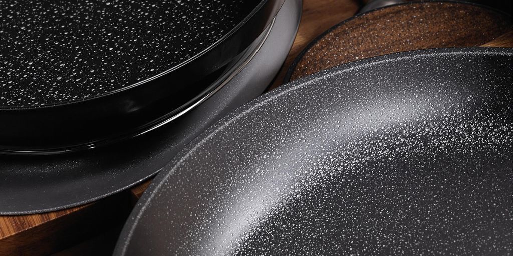 Close-up of non-stick and traditional pans.